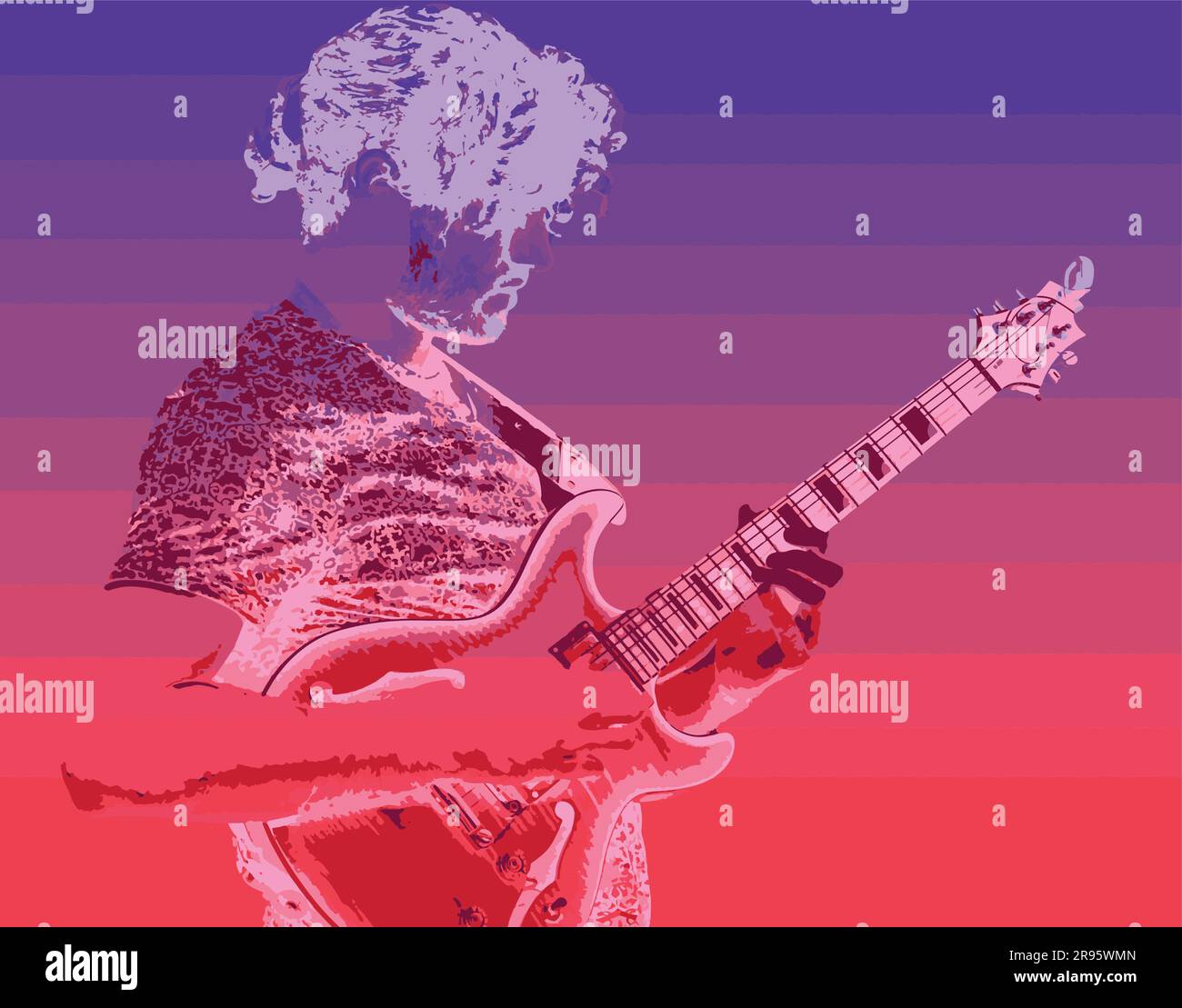Side view of man playing guitar, purple to red duotone colors Stock