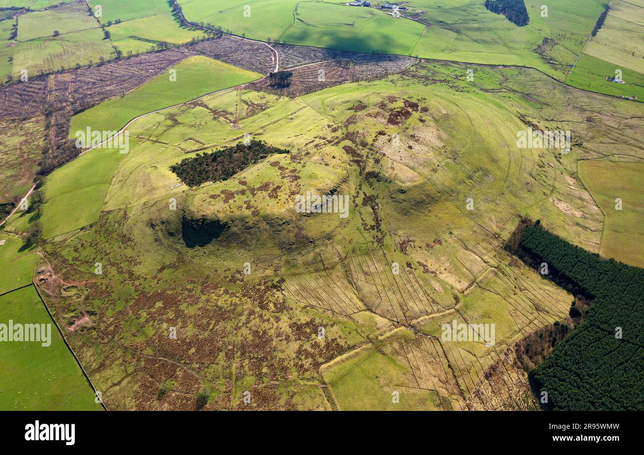 Burnswark Iron Age hillfort near Lockerbie. Seen from north showing ramparts of Roman siege camps on N and S flanks. Possible main seat of Novantae Stock Photo