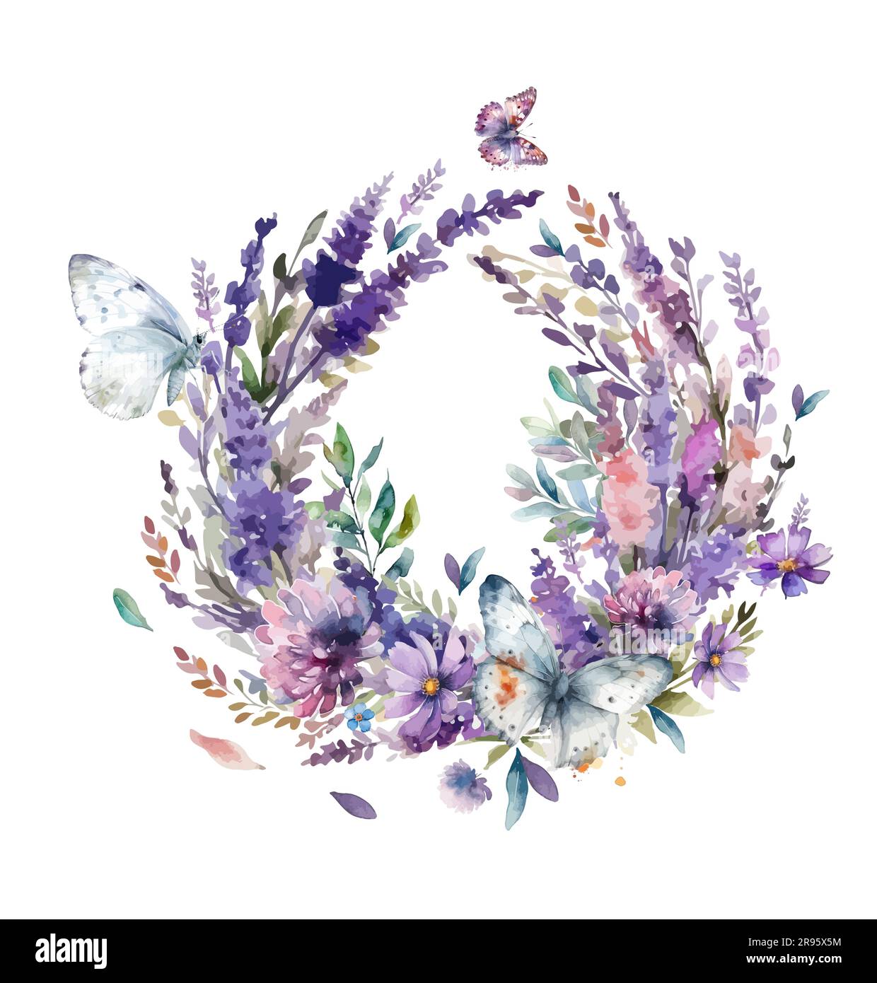 Purple watercolor flower wreath with butterflies. Vector illustration ...