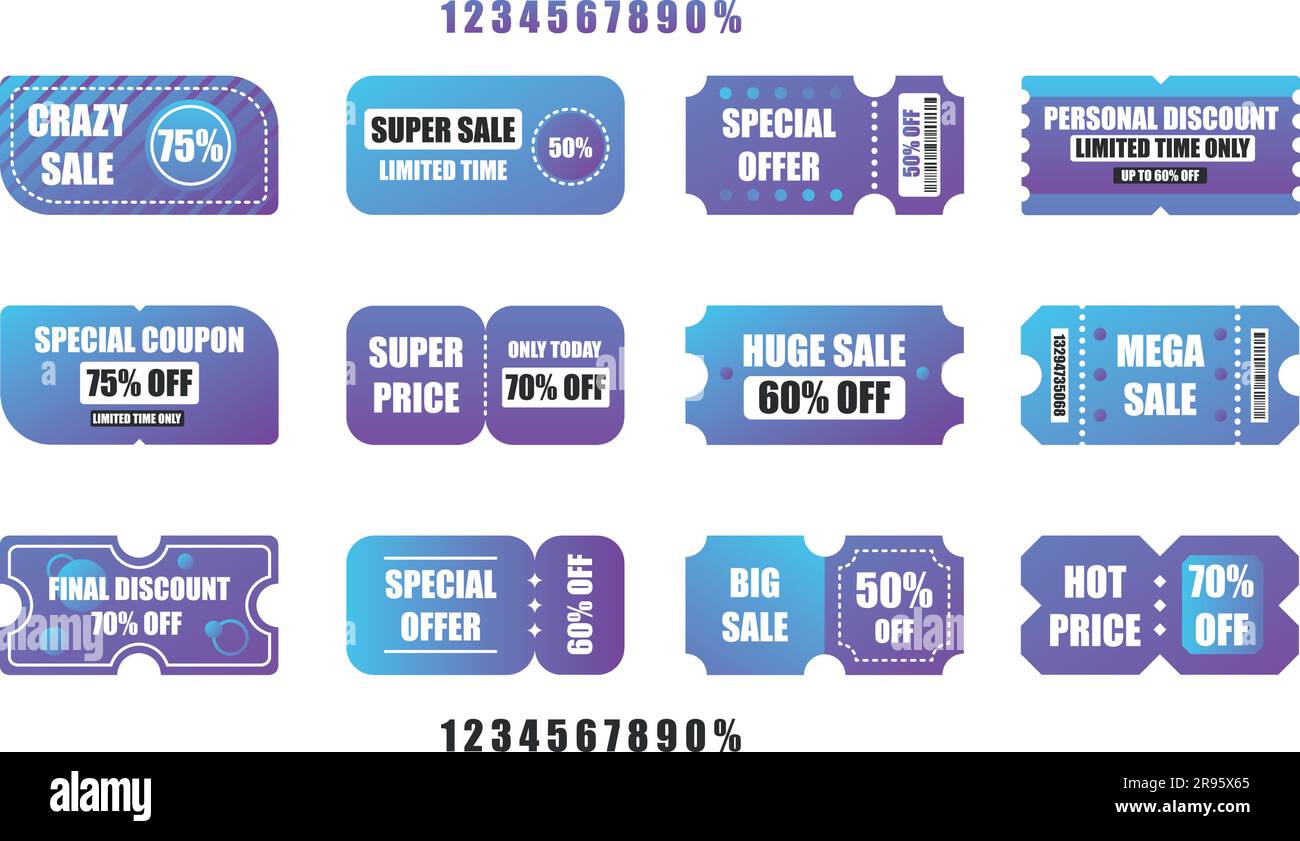 Set of discount coupons with editable numbers. Blue version. Vector