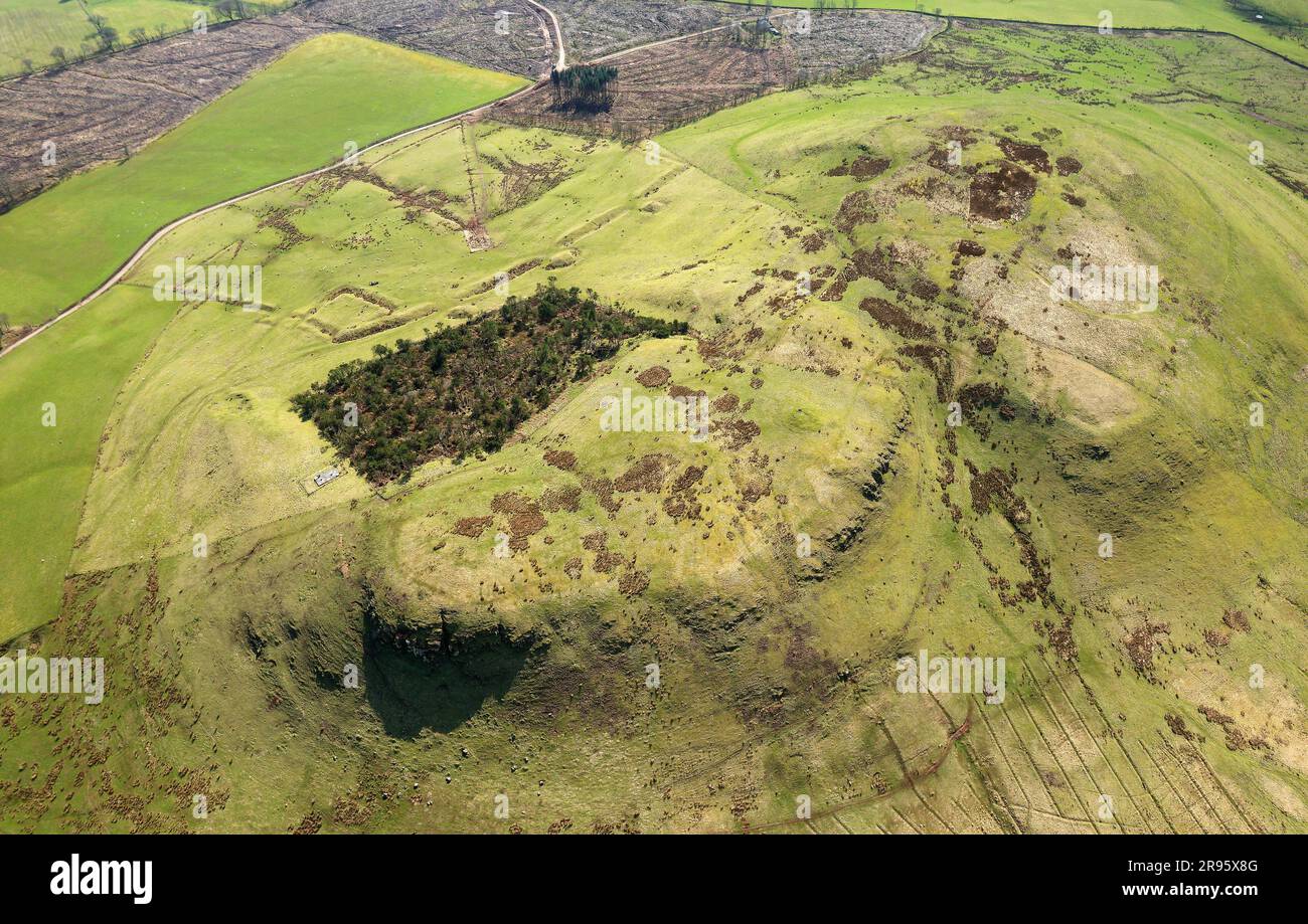 Burnswark Iron Age hillfort near Lockerbie. Seen from north showing ramparts of Roman siege camps on N and S flanks. Possible main seat of Novantae Stock Photo