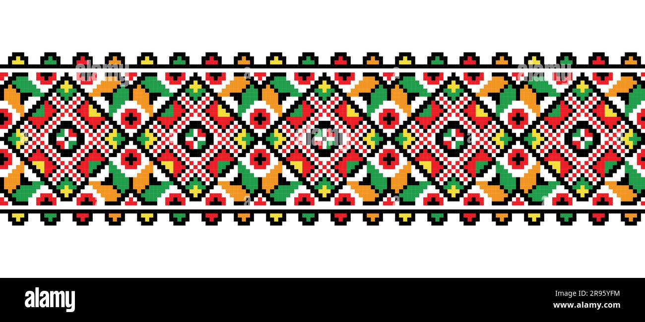 Ukrainian colorful embroidery vector pattern. Carpathian region ornament. Pixel art, vyshyvanka, cross stitch. Ukrainian folk, ethnic border ornament Stock Vector