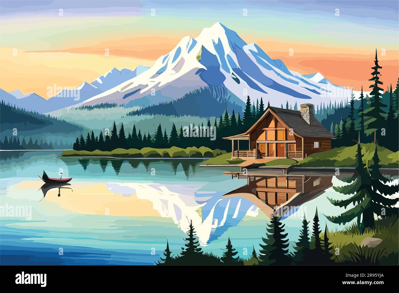 landscape of mountain lake cabin amidst lush forest and majestic peaks. Nature scene Stock Vector