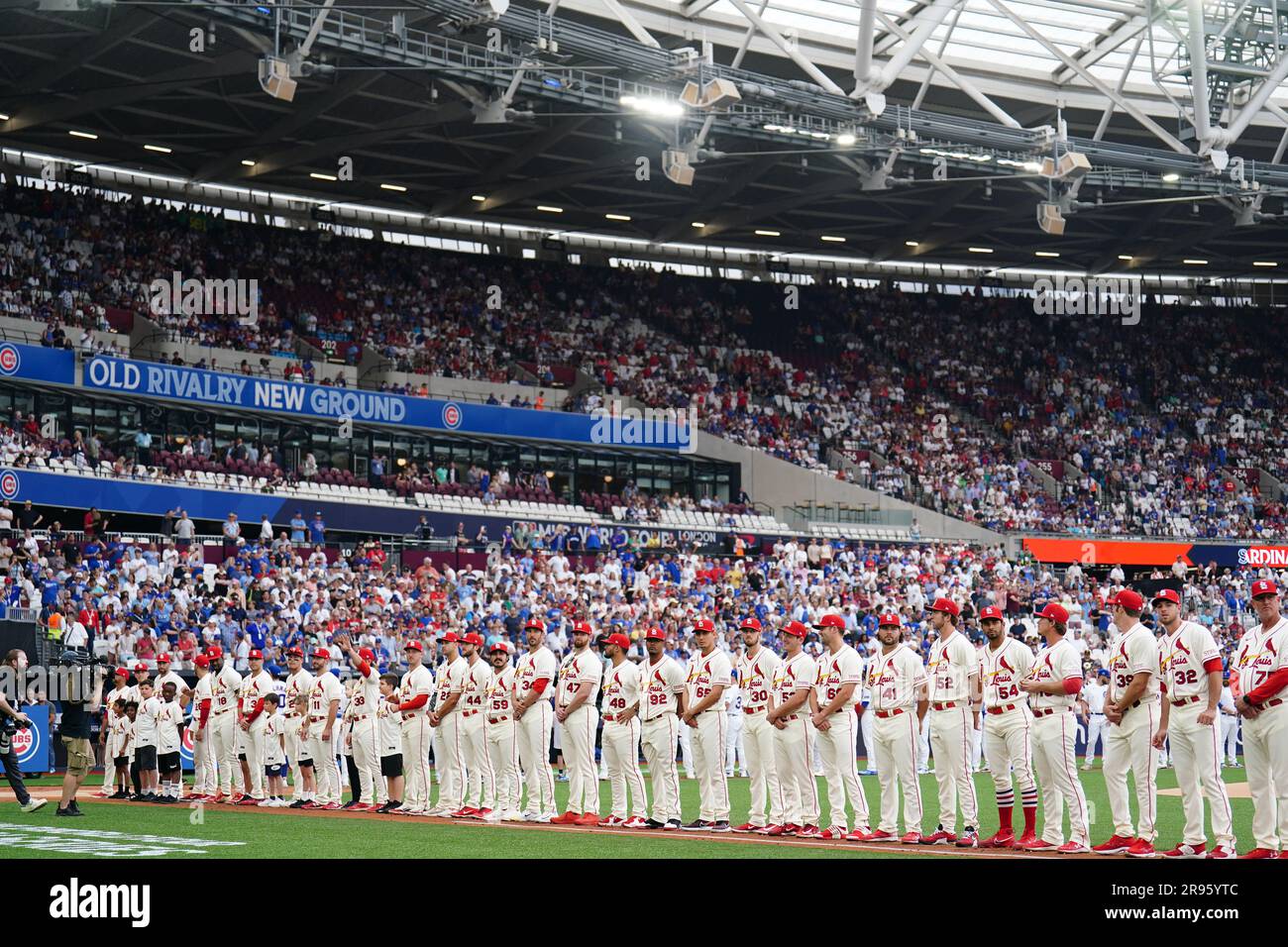 A general view as the teams line up ahead of the MLB London Series