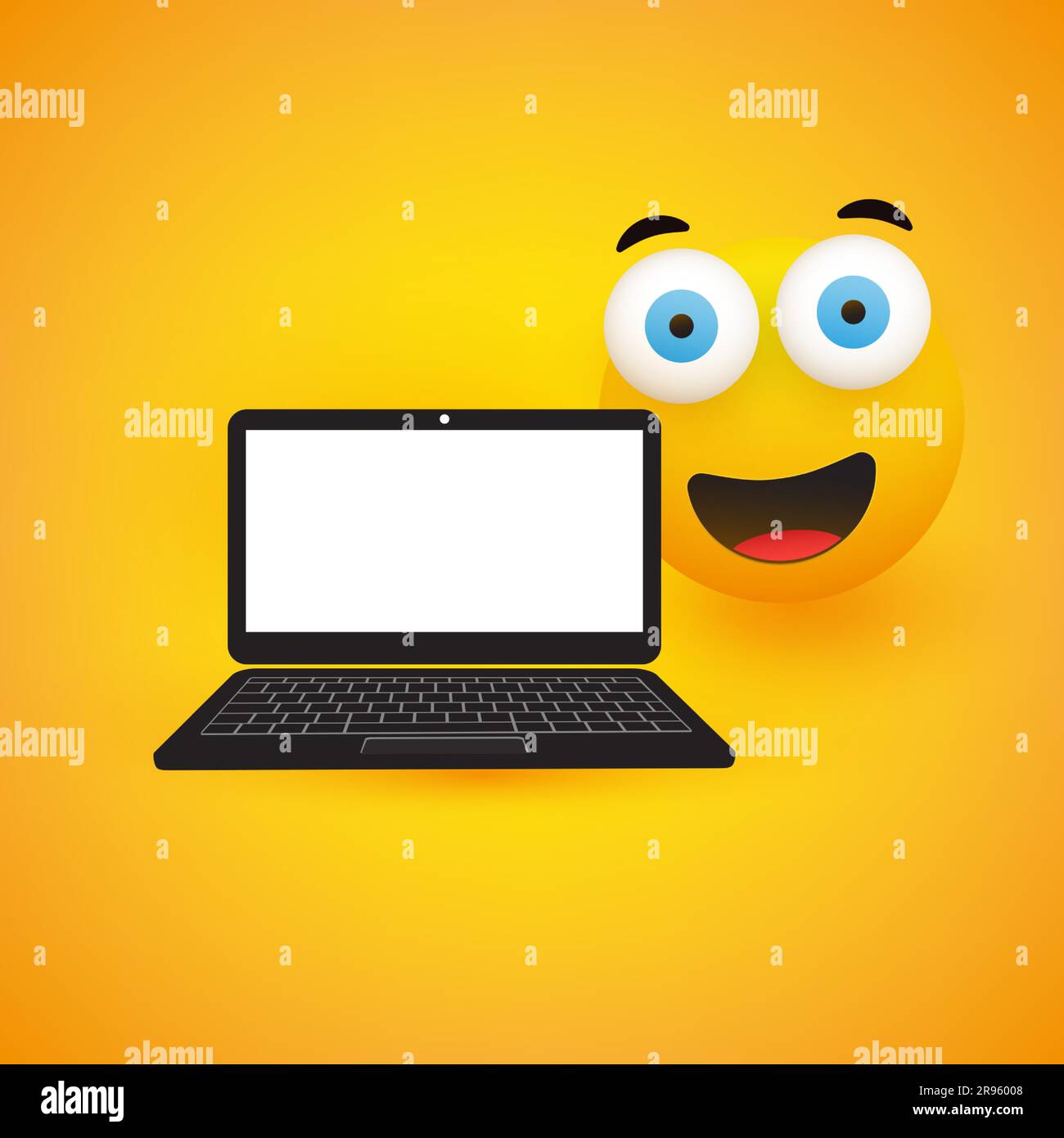 Happy Smiling Emoji, Emoticon with Pop Out Eyes and Laptop Computer on Yellow Background - Vector Design Stock Vector