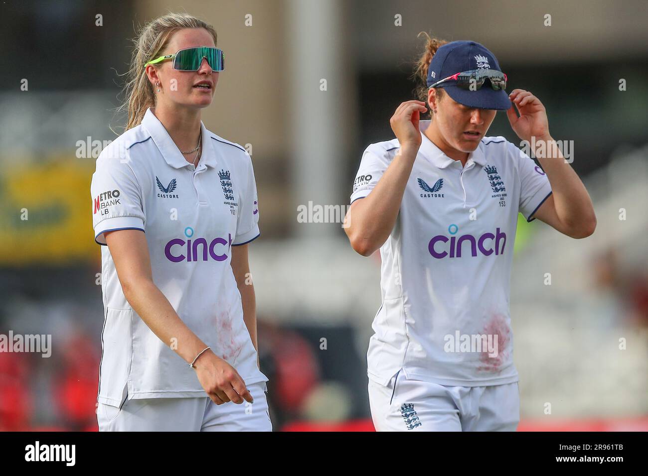 Nottingham, UK. 24th June, 2023. Lauren Bell of England talks to her teammates after the Metro Bank Women's Ashes 2023 match Day 3 England vs Australia at Trent Bridge, Nottingham, United Kingdom, 24th June 2023 (Photo by Gareth Evans/News Images) in Nottingham, United Kingdom on 6/24/2023. (Photo by Gareth Evans/News Images/Sipa USA) Credit: Sipa USA/Alamy Live News Stock Photo