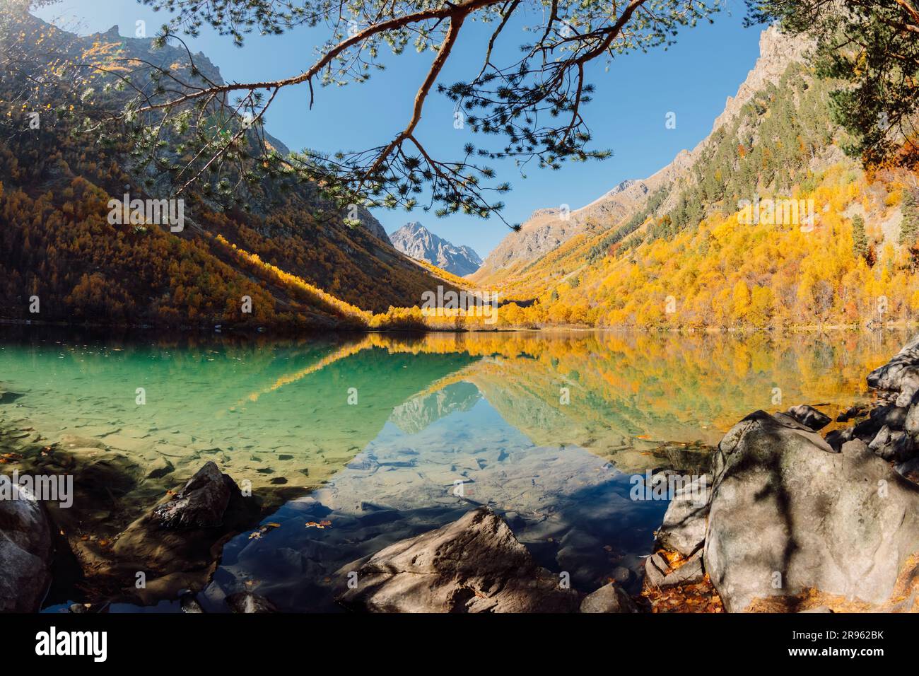 Mountain lake with transparent water and autumnal trees Stock Photo - Alamy