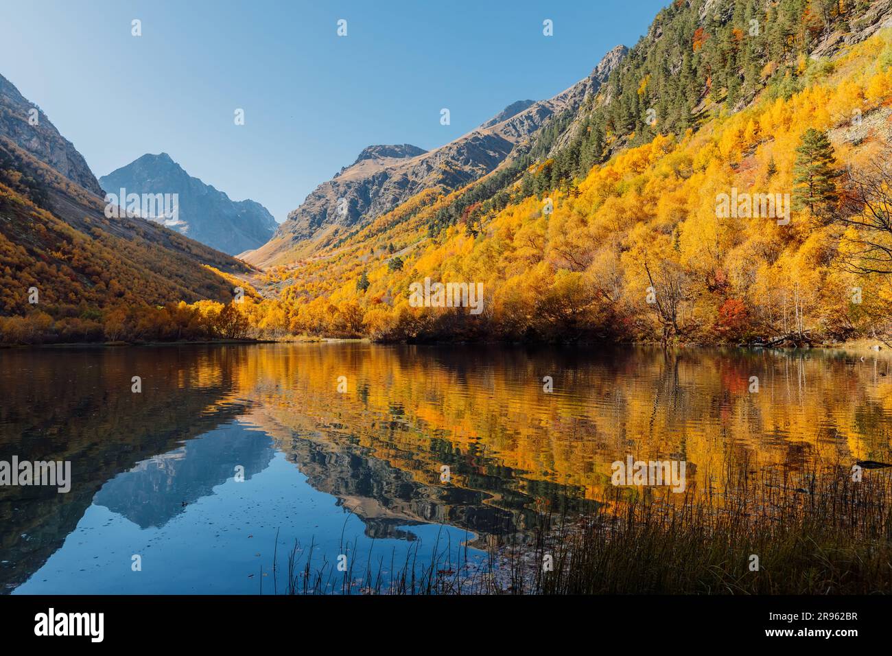 Mountain lake with reflection on water and colorful autumnal trees ...