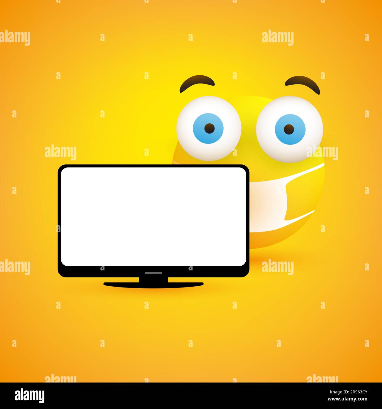 Bad News - Fearful, Anxious Concerned Emoticon with Pop Out Eyes Wearing Medical Mask Beside a Flat TV Screen - Vector Design Concept Stock Vector