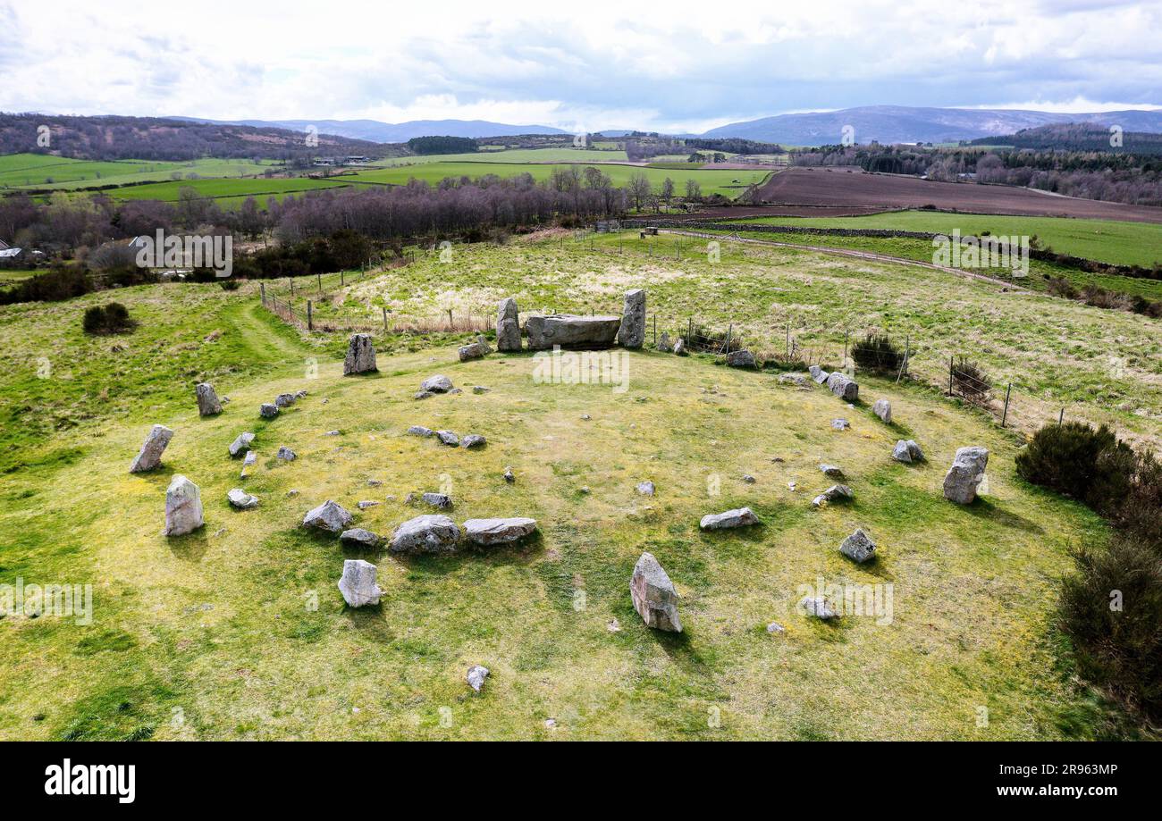 Tomnaverie prehistoric recumbent stone circle. Near Aboyne, Scotland. Complex site. Outer ring with recumbent and flankers, inner ring and settings Stock Photo