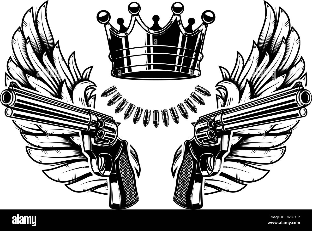 Two guns and wings with king crown. Design element for logo, label