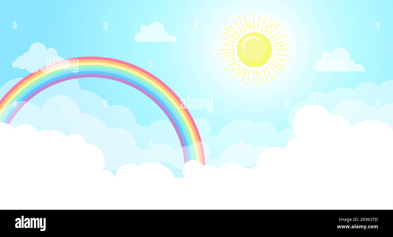Vector background in cartoon style for magic design. White fluffy clouds and bright rainbow in the blue sky Stock Vector