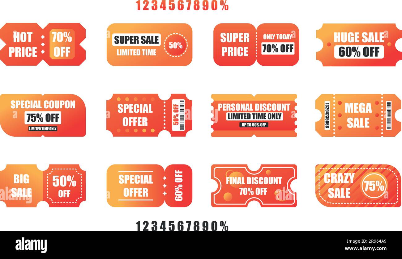 Set of discount coupons with editable numbers. Red version. Vector