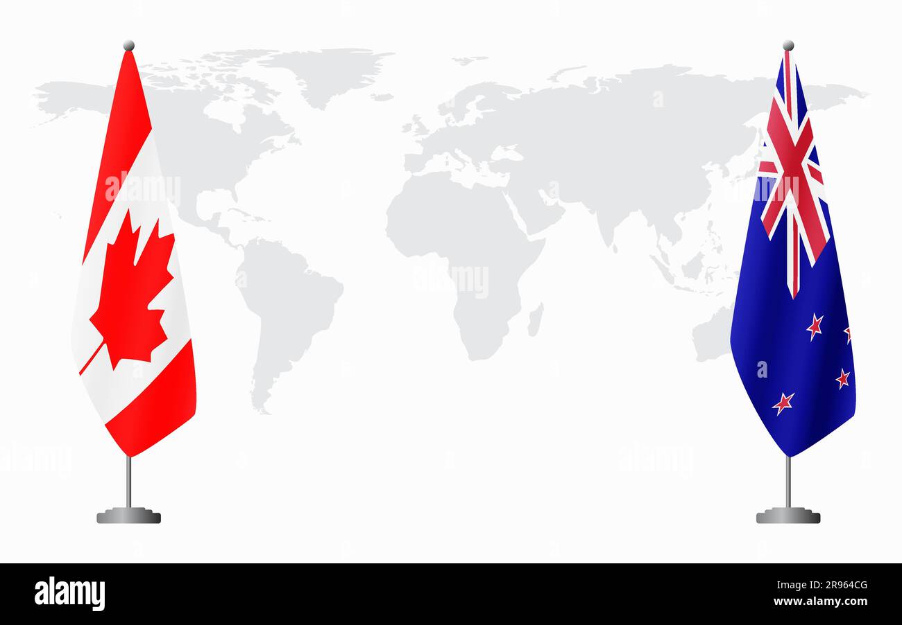 Canada and New Zealand flags for official meeting against background of