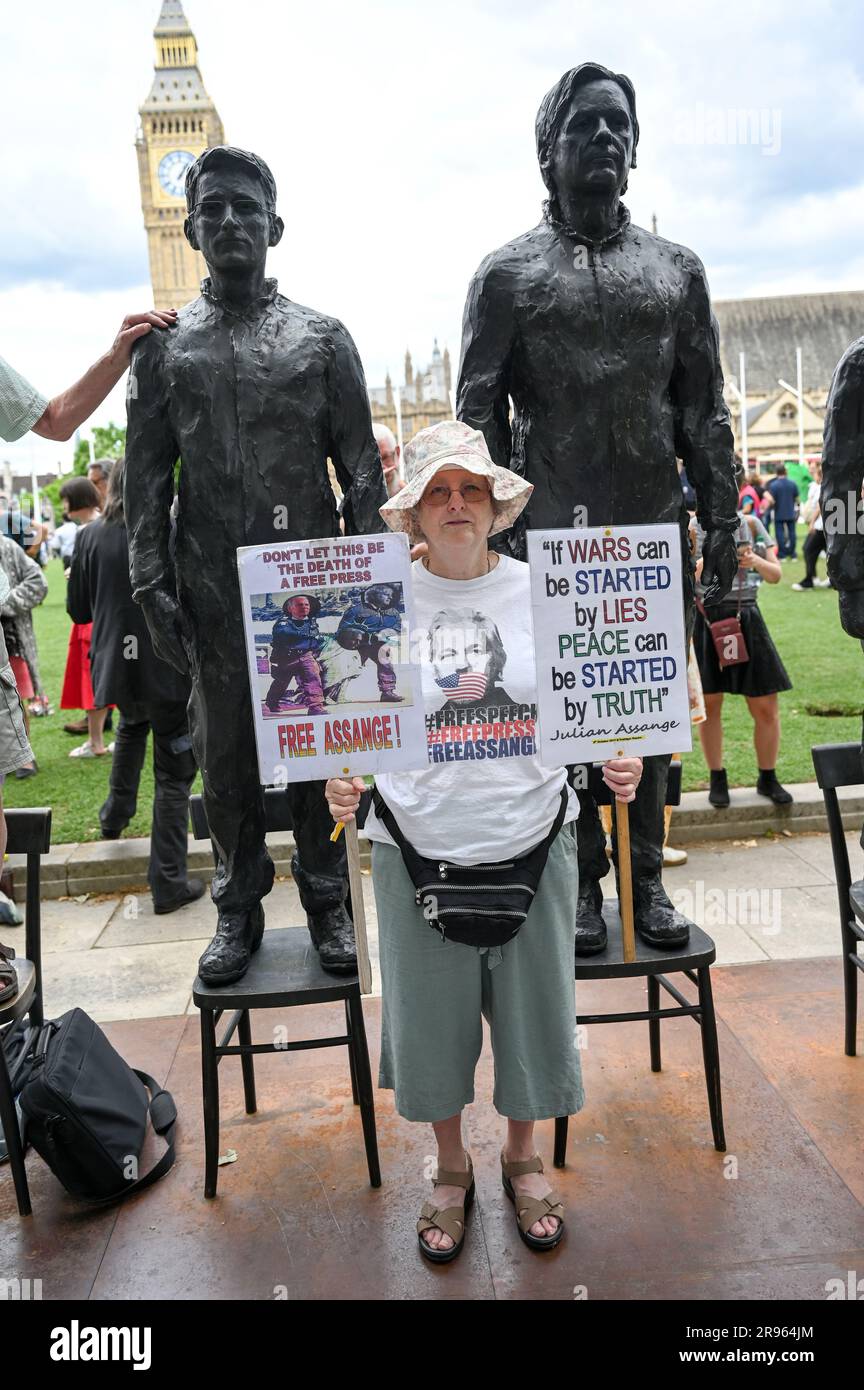 London, UK. 24th June, 2023. Anything to Say Speaks the truth is not a crime 'free Assange' The Real Statue Of Liberty of Edward Snowden, Julian Assange and Chelsea Manning display in Parliament square. Credit: See Li/Picture Capital/Alamy Live News Stock Photo