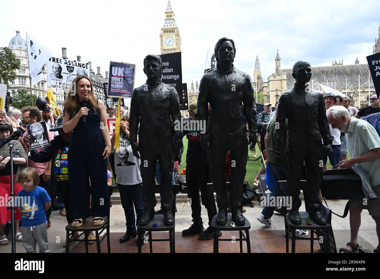 London, UK. 24th June, 2023. Stella Assange addresses supporters of her husband, jailed Wikileaks founder Julian Assange at a rally in Parliament Square demanding his release. The Real Statue Of Liberty of Edward Snowden, Julian Assange and Chelsea Manning display in Parliament square. Credit: See Li/Picture Capital/Alamy Live News Stock Photo