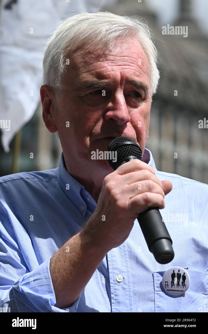 London, UK. 24th June, 2023. John McDonnell addresses supporters of her husband, jailed Wikileaks founder Julian Assange at a rally in Parliament Square demanding his release. The Real Statue Of Liberty of Edward Snowden, Julian Assange and Chelsea Manning display in Parliament square. Credit: See Li/Picture Capital/Alamy Live News Stock Photo