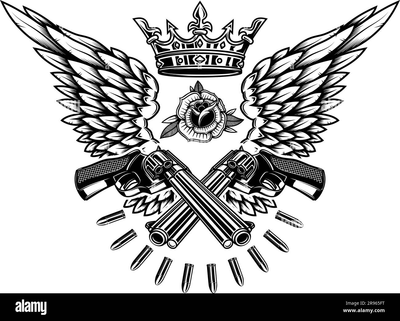 Two guns and wings with king crown. Design element for logo, label, sign, poster, badge. Vector illustration, Two guns and wings with king crown. Desi Stock Vector