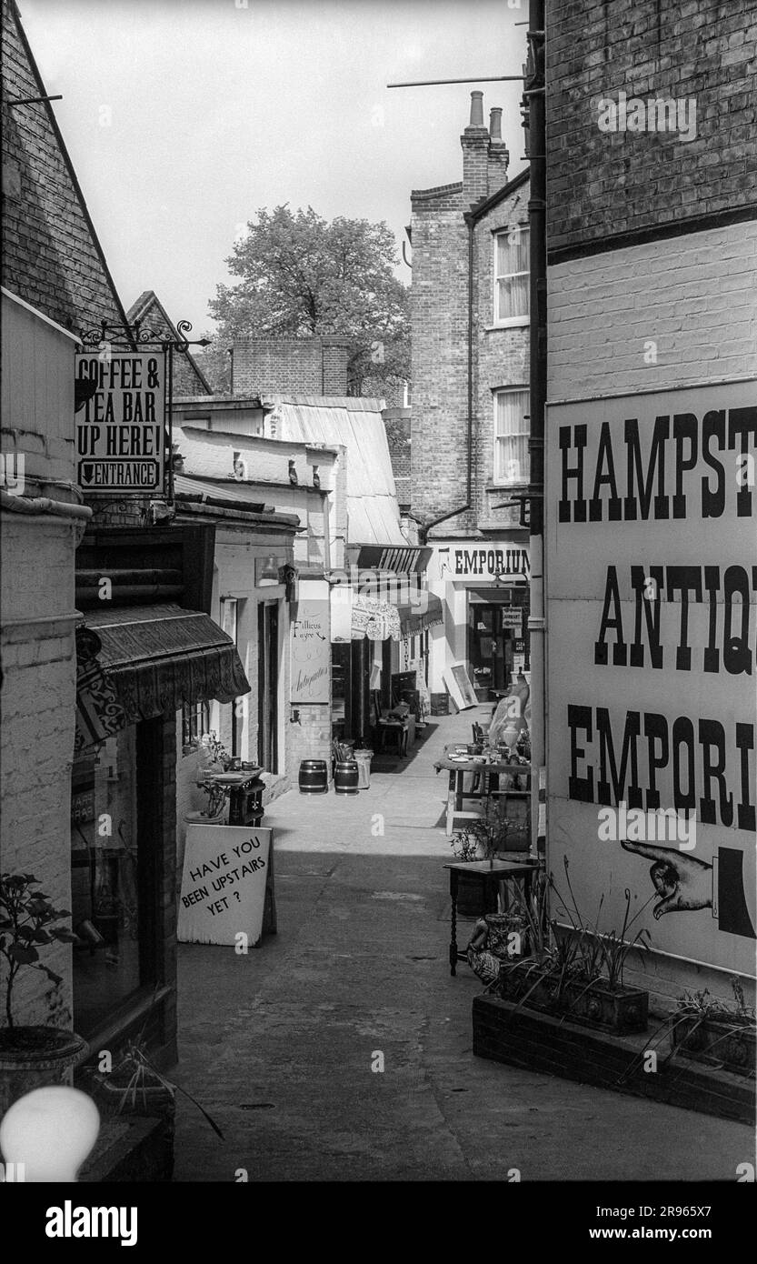 1975 black & white archive image of the Hampstead Antique & Craft Emporium in Hampstead, London