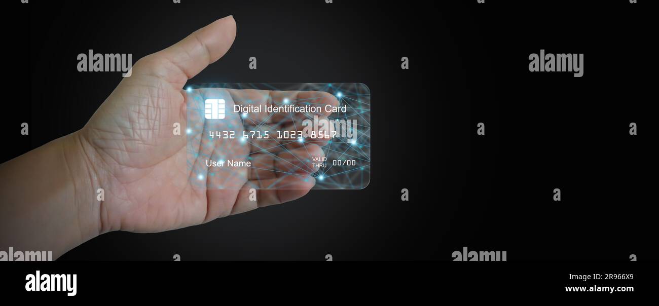Digital ID card, Electronic Identification. e-ID smartcard, on a man's hand. A digital solution for proof of identity. Technology and business Stock Photo