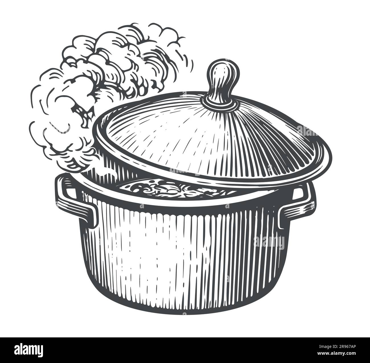 Pot with boiling soup or sauce, saucepan with open lid. Cooking