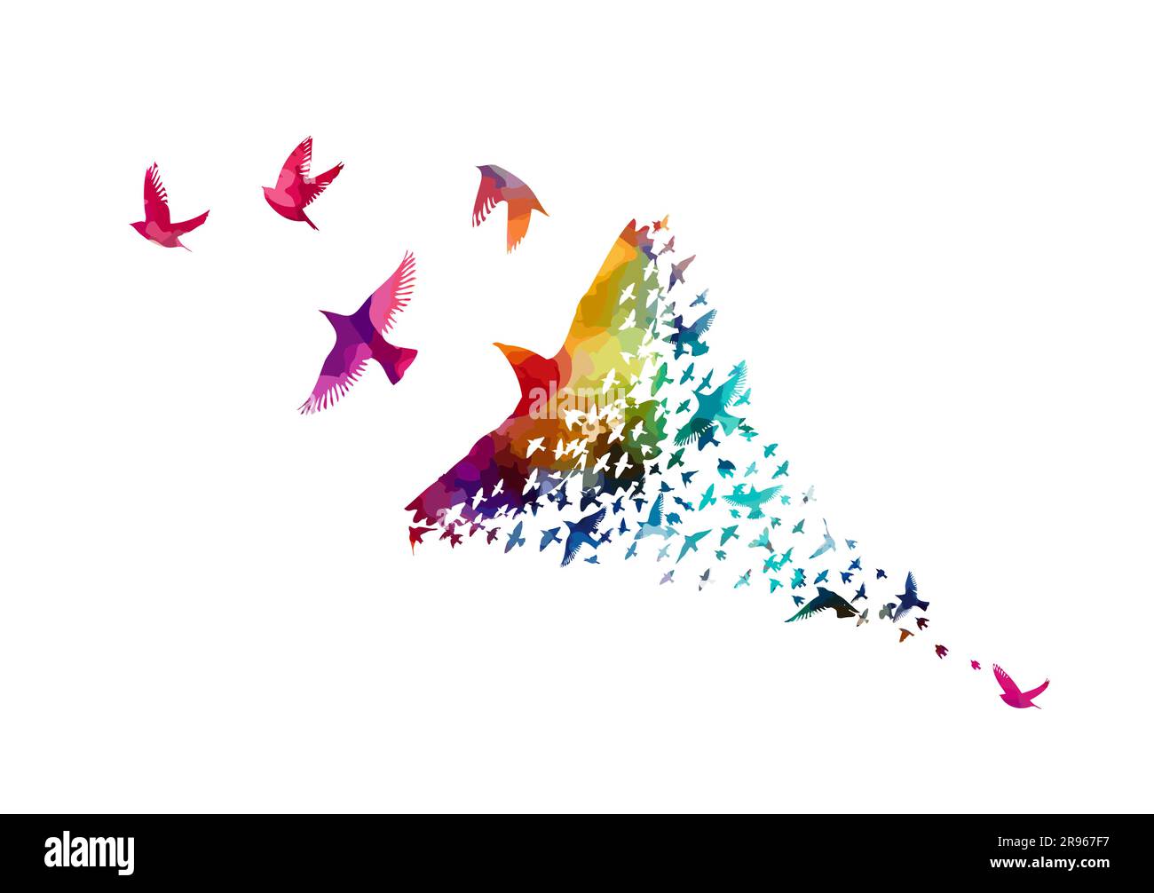 Abstraction with flying colorful birds. A flock of flying rainbow birds ...
