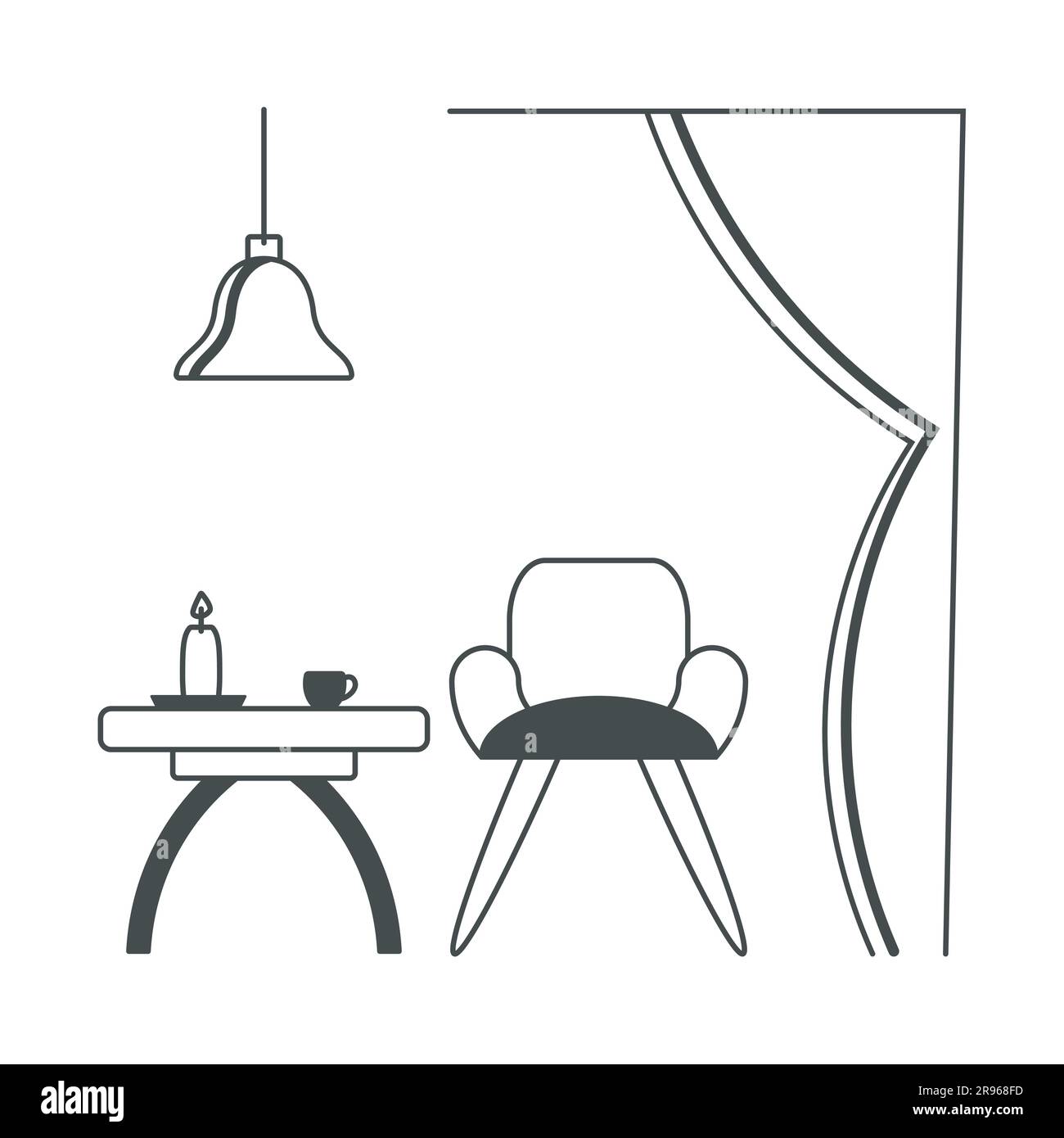 Living room, modern indoor interior graphic black white line art design, home furniture armchair, table, cup, candle, lamp, window, vector Stock Vector