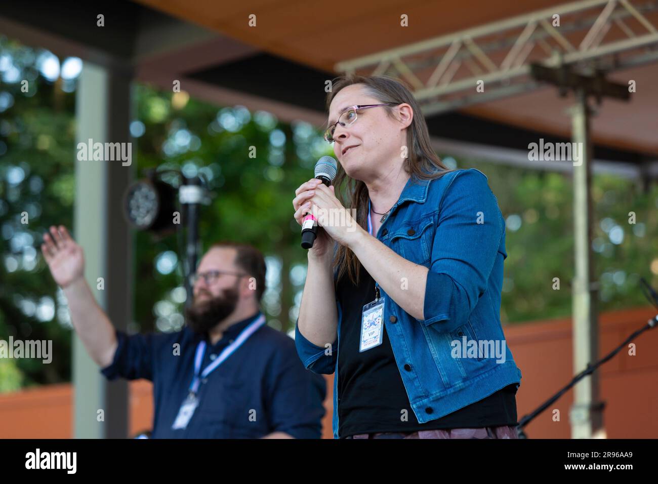 Gender Justice League board chair Sarah Moran introduces Washington