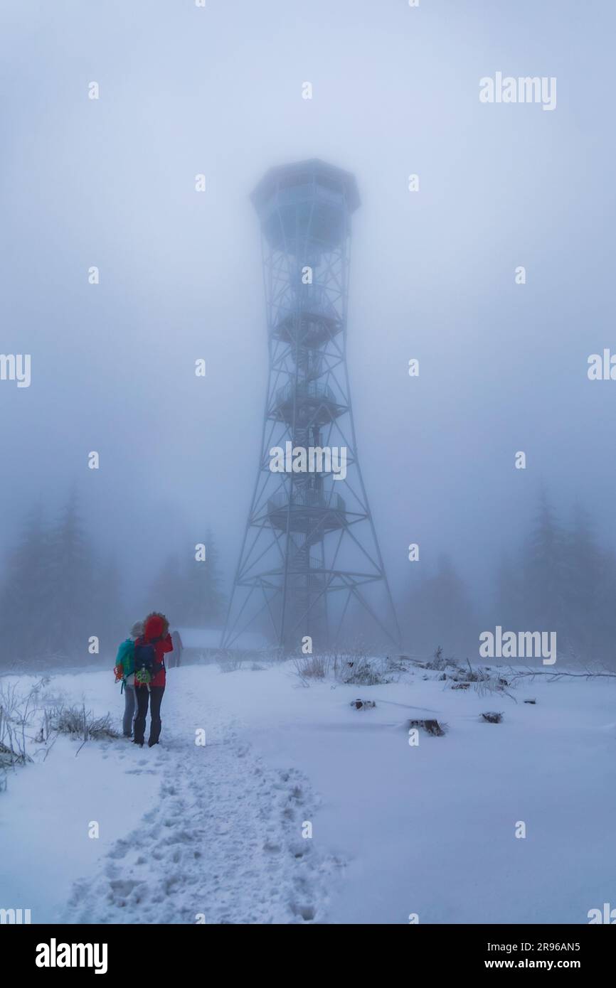 Klodzko, Poland - January 2023: Viewing tower on top of Klodzka mountain behind the fog and with trees around Stock Photo