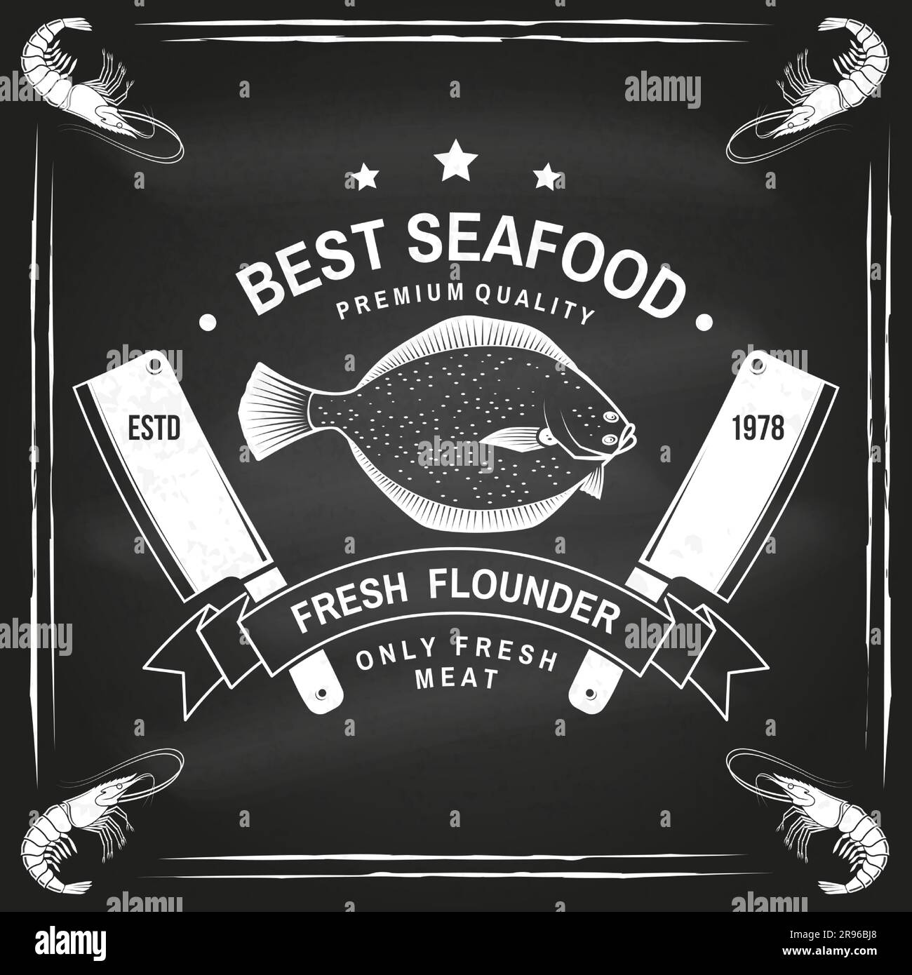 Best seafood. Fresh Alaska sole or flounder on chalkboard. Vector. For