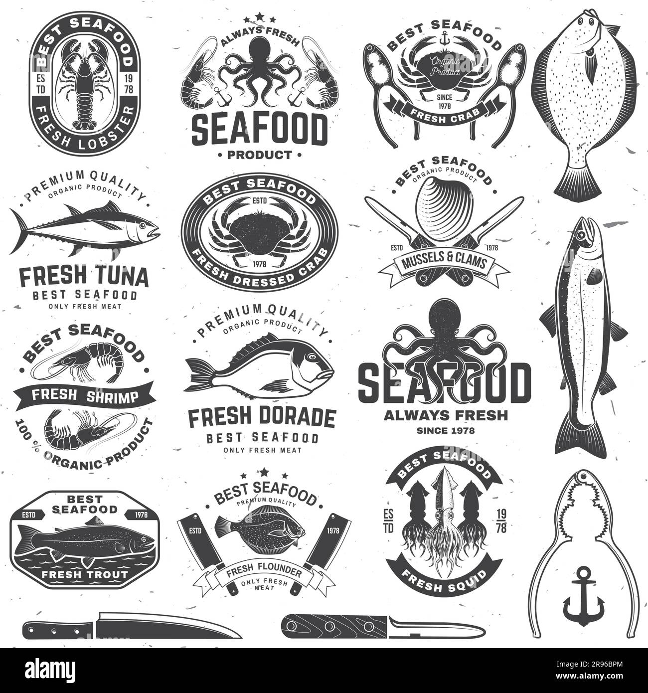 Set of best seafood badges. Fresh tuna, octopus, trout, shrimp, dressed crab, mussels and clams