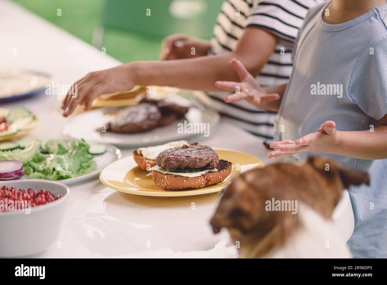 Children cooking juicy grilled burgers outdoors and dog watching Stock Photo