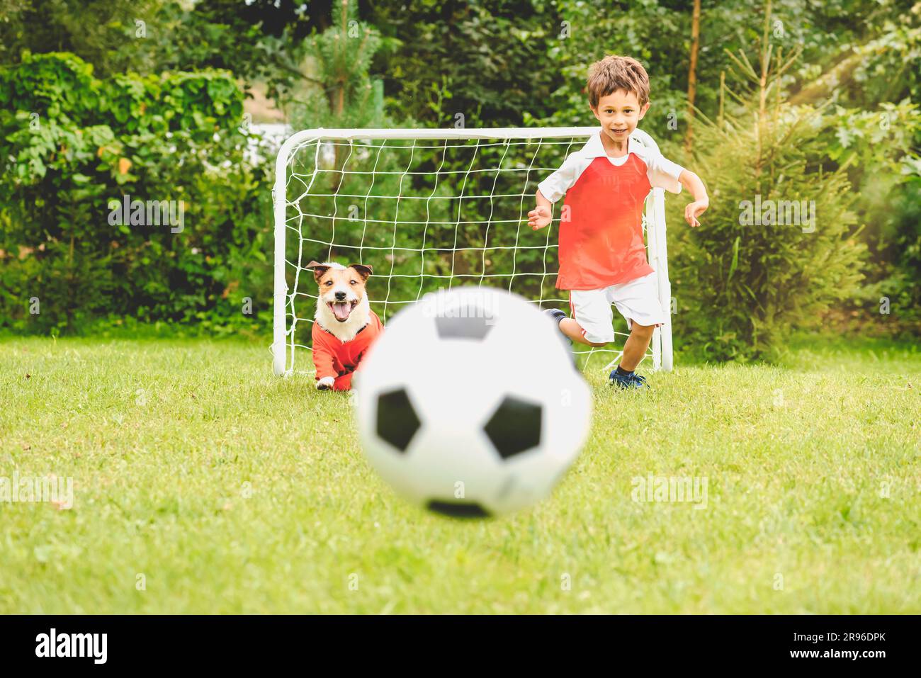 Happy kid in soccer kit playing football with family pet dog at garden lawn on summer day Stock Photo