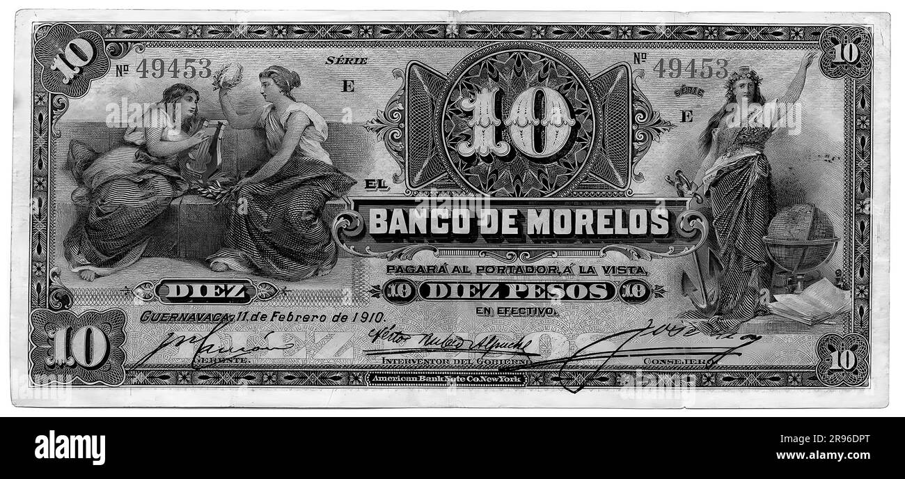 Photo Banknote Mexico,10 Pesos ,1910, Morelos Stock Photo