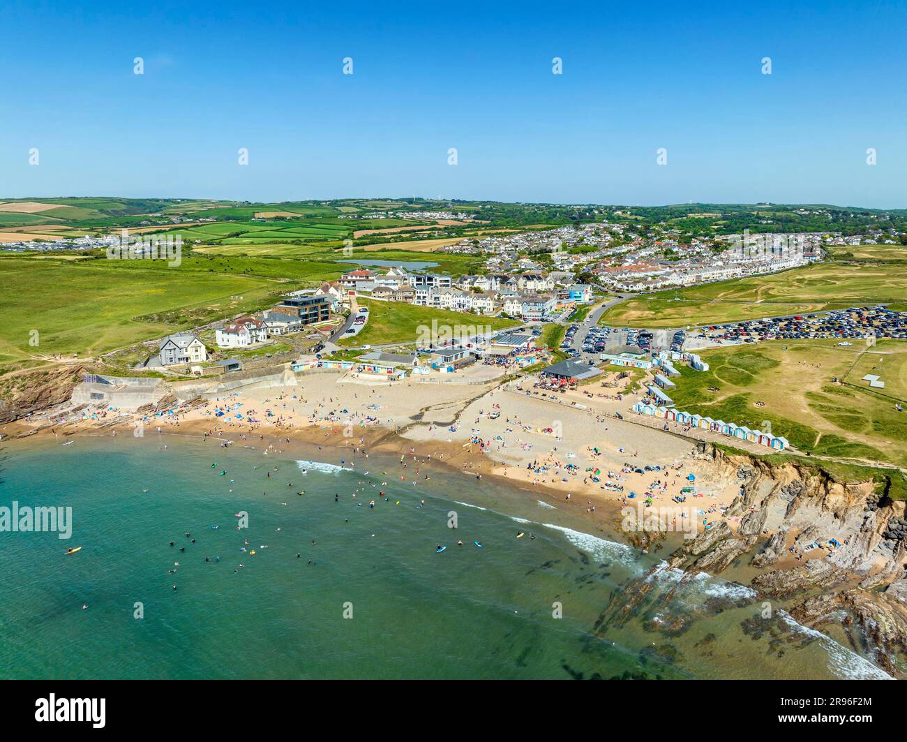 Aerial view of Crooklets Beach, with the village of Flexbury behind