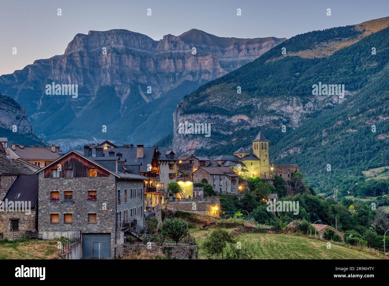 The beautiful village of Torla in the Spanish Pyrenees by night Stock Photo