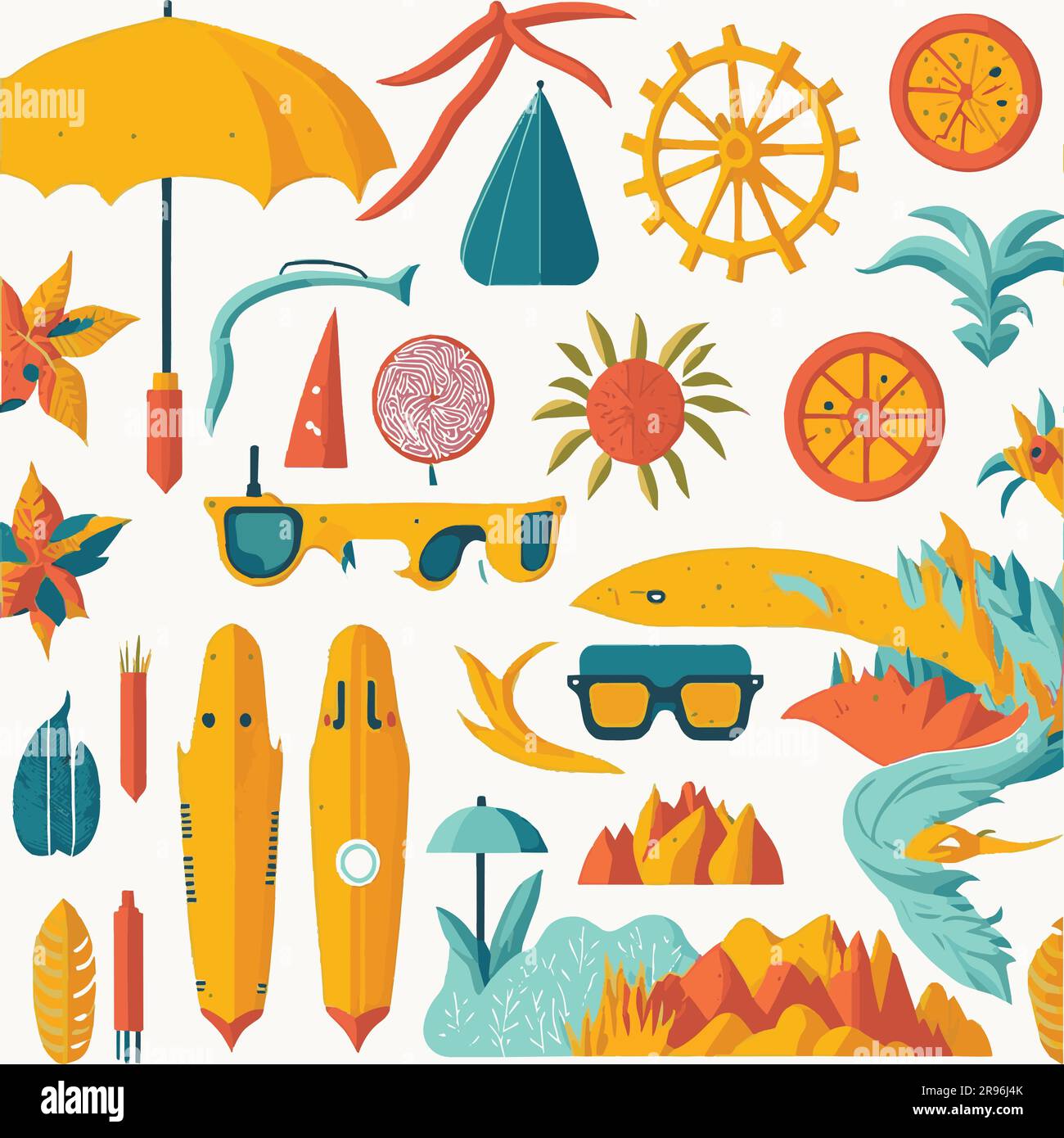 Get ready to embrace the vibrant and sunny vibes of summer with this set of flat vector illustrations. Designed to capture the essence of the season, Stock Vector