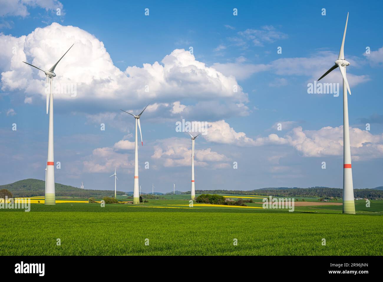 Wind turbines in a beautiful landscape in Germany Stock Photo