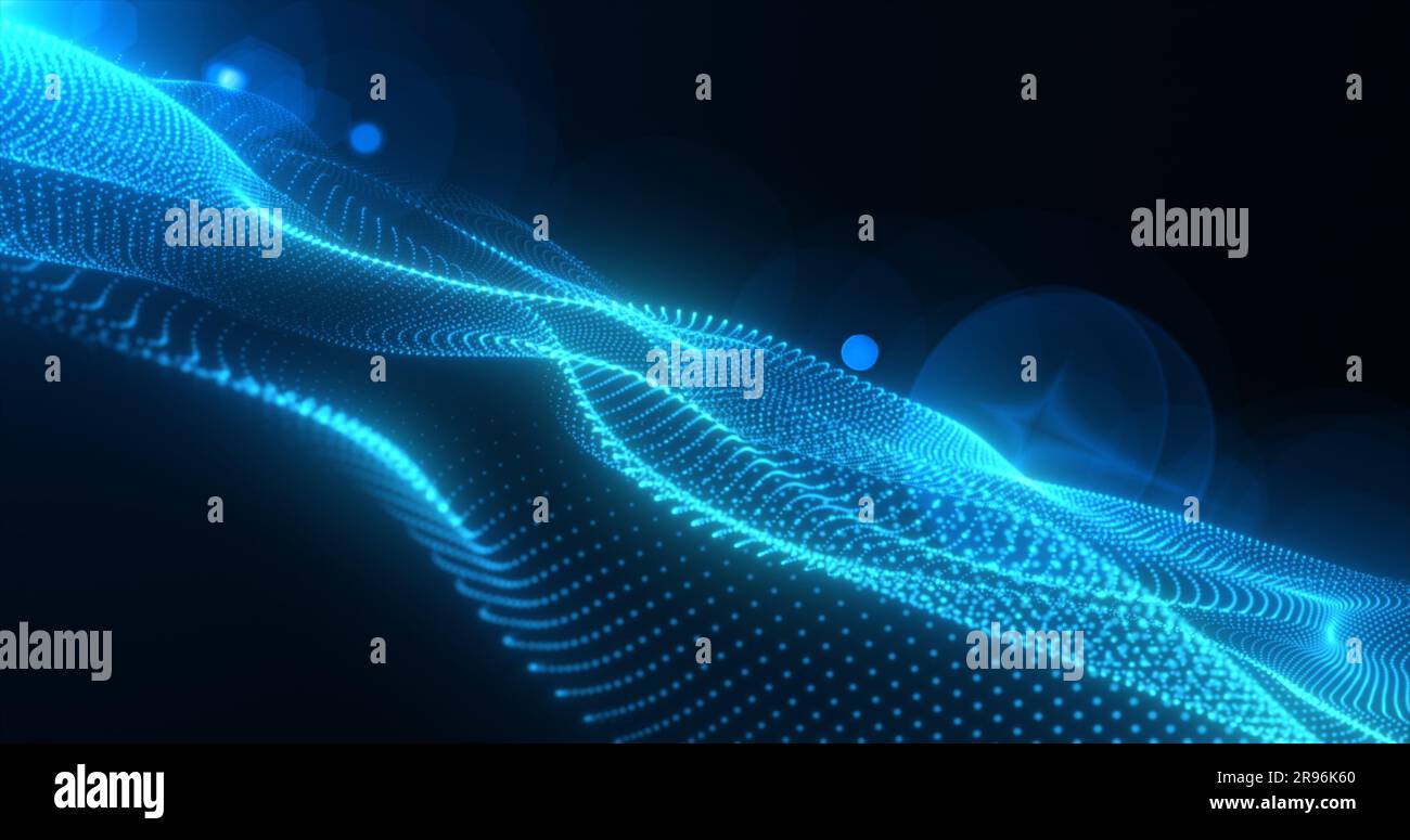 Abstract blue glowing waves from particles and dots energy magical ...