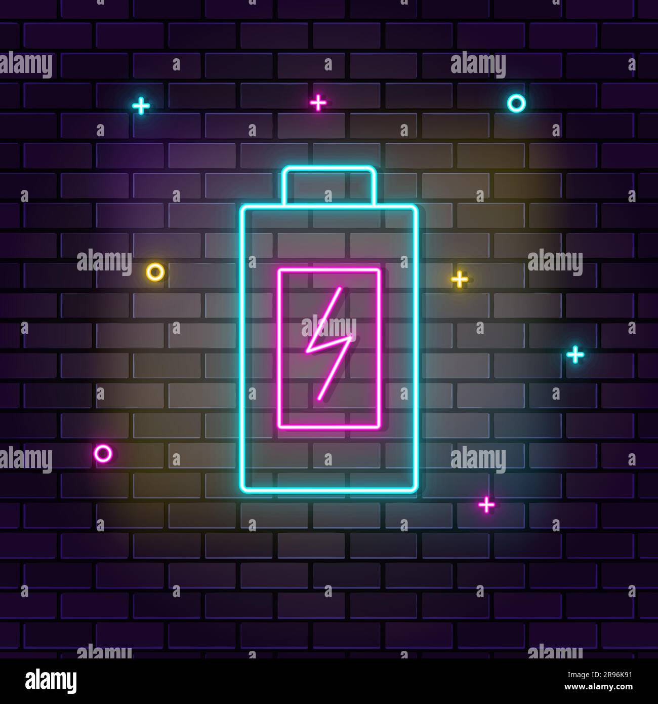 Battery, charging, multicolor neon icon on dark brick wall Stock Vector