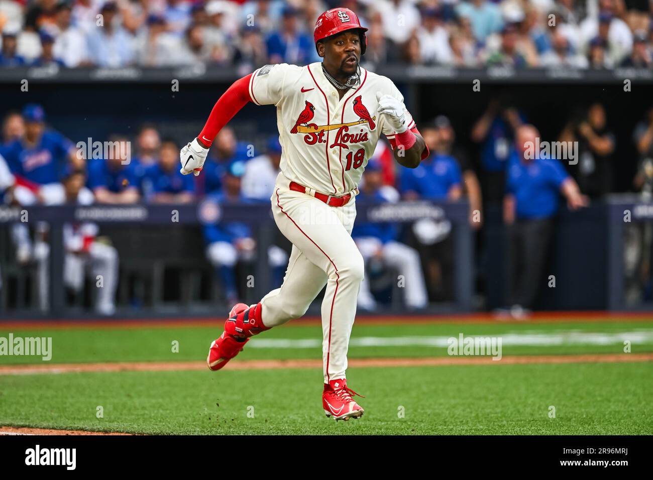 Willson Contreras #40 of the St. Louis Cardinals and Jordan Hicks #12 of  the St. Louis Cardinals hug after they win the game after the 2023 MLB  London Series match St. Louis