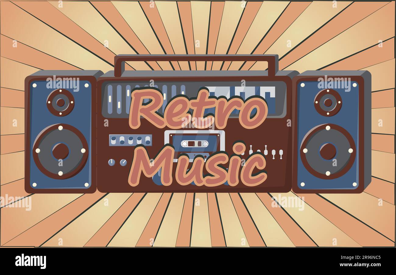 Old retro vintage poster with music cassette tape recorder with