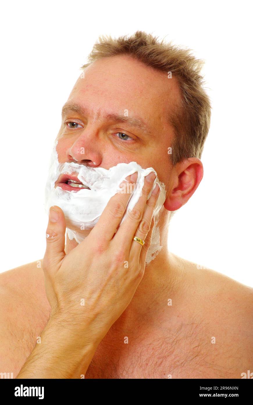 Man with shaving foam on face, foam, lather, shaving Stock Photo