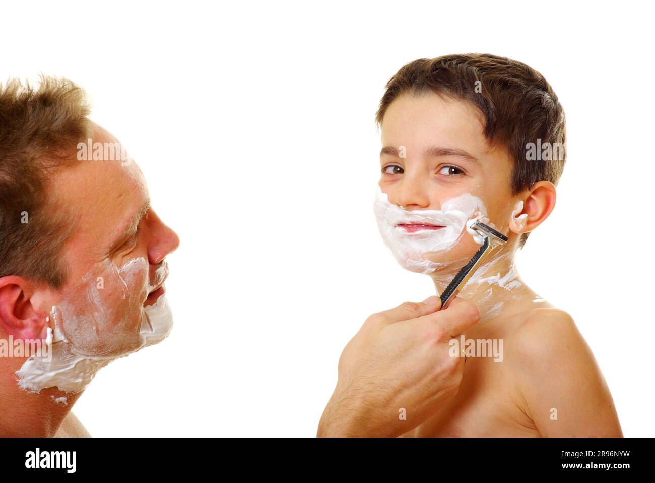 Father and son with shaving foam on face, foam, shaving, wet razor