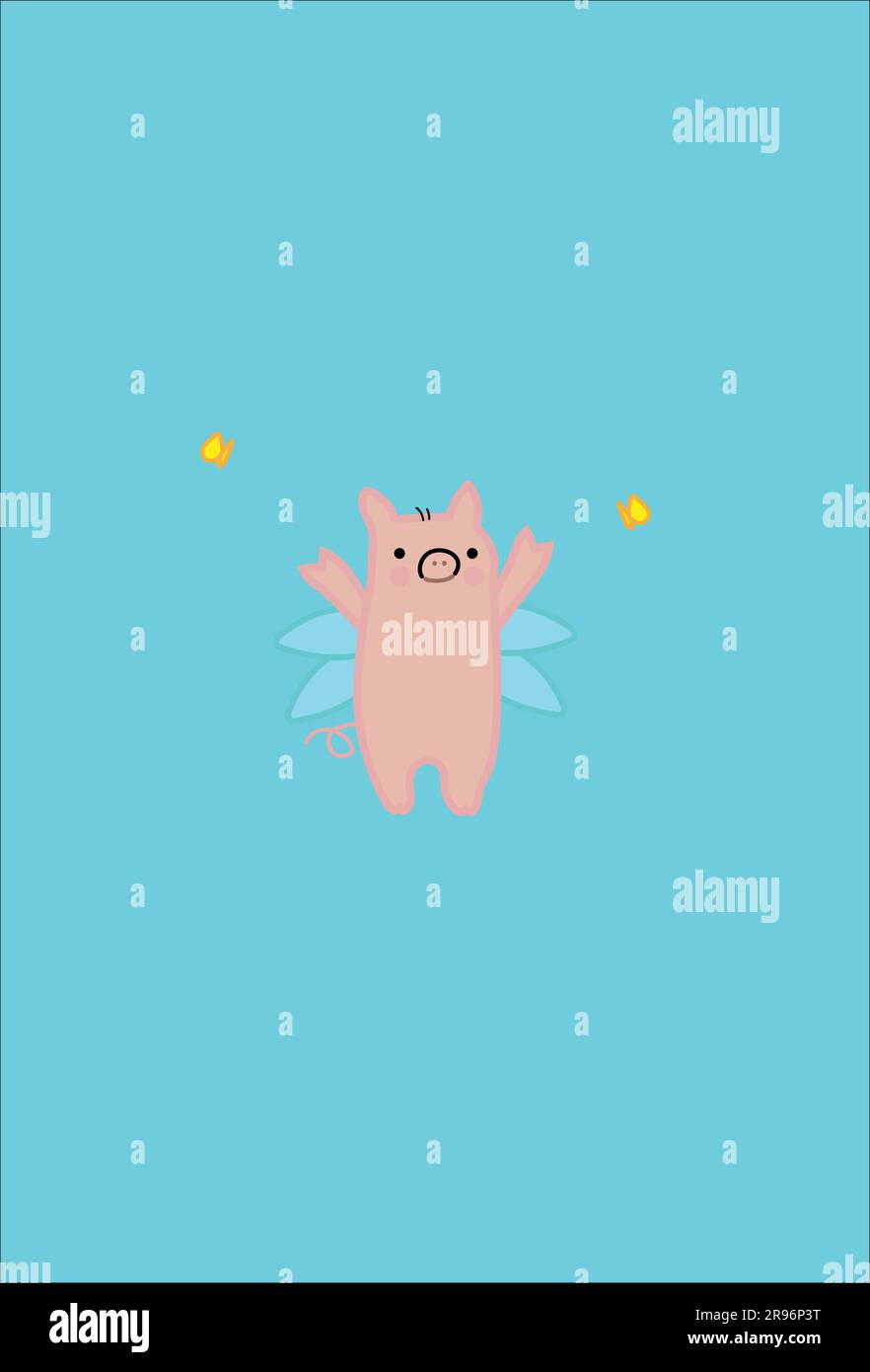 Cute Flying Pig Raising Arms in Joy Before Two Butterflies, Like The Saying, When Pigs Fly Stock Vector