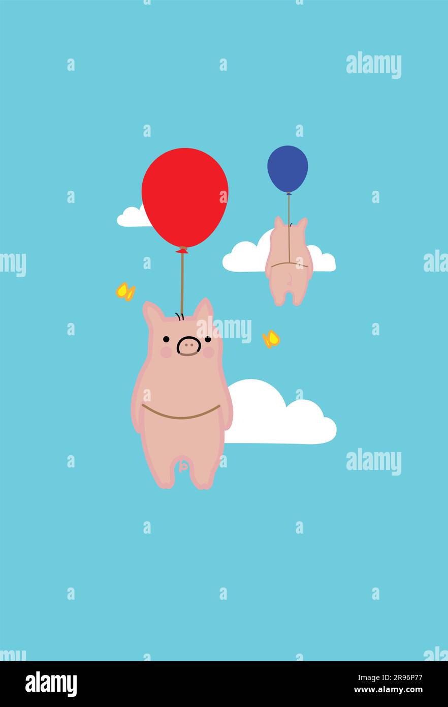 Two Cute Flying Pigs Float Up in the Sky, Like The Saying, When Pigs Fly Stock Vector