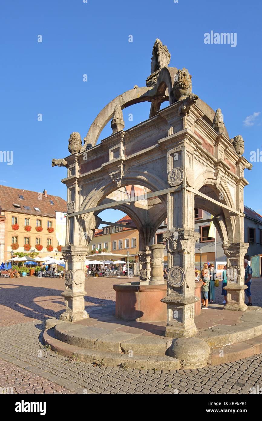 Renaissance Market Fountain, Market Square, Hammelburg, Lower Franconia, Franconia, Bavaria, Germany Stock Photo