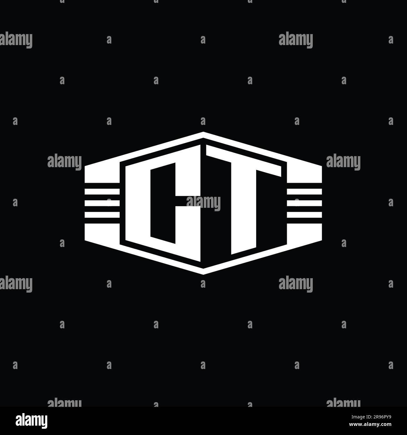 CT Letter Logo monogram hexagon emblem shape with stripes outline style