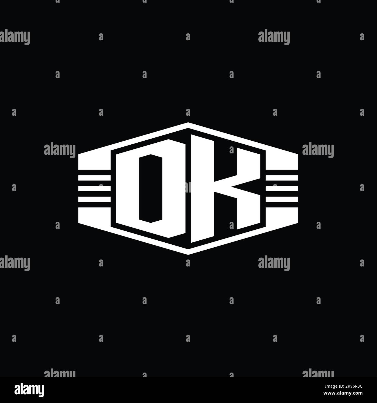 DK Letter Logo monogram hexagon emblem shape with stripes outline style ...