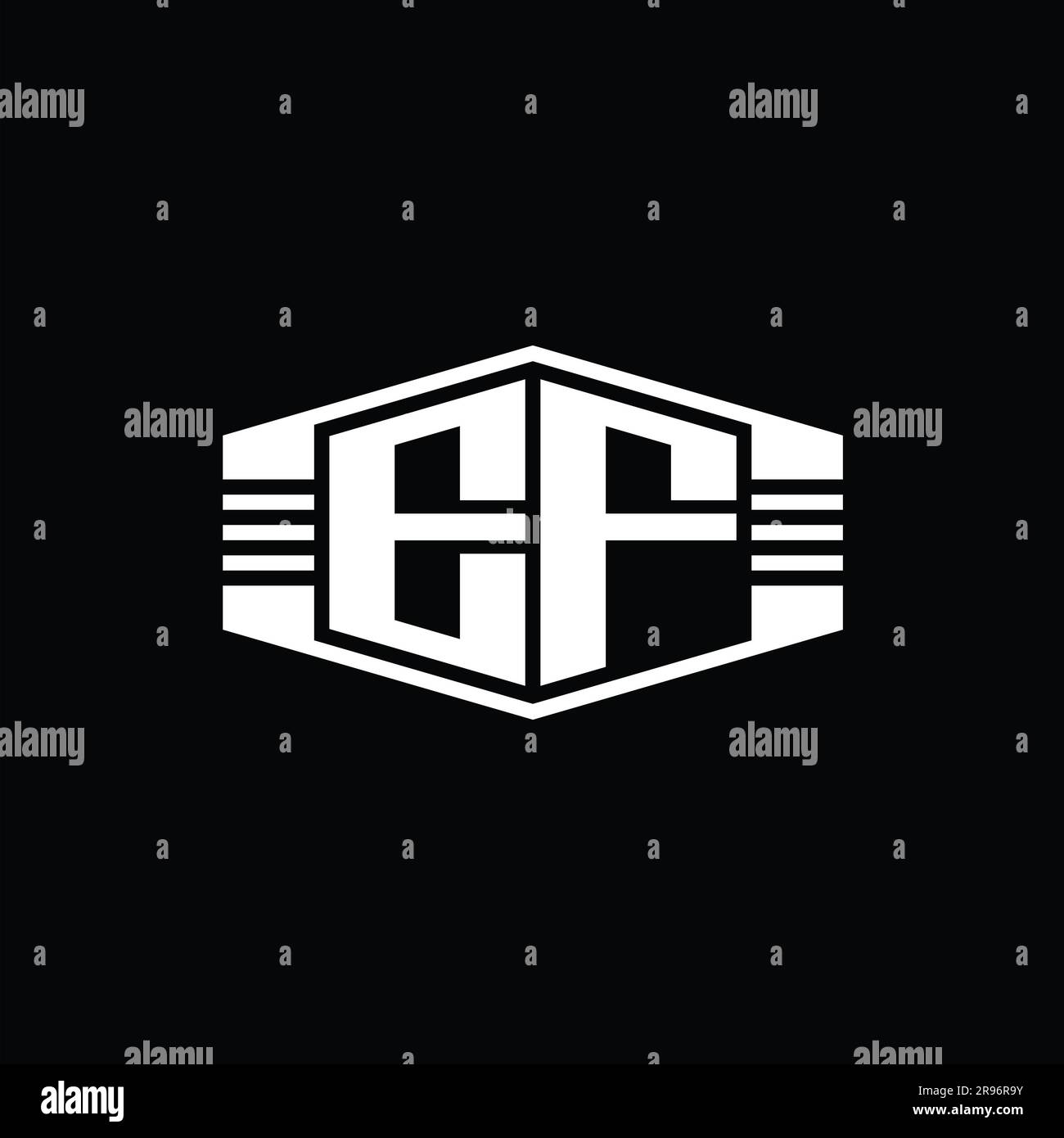 EF Letter Logo monogram hexagon emblem shape with stripes outline style ...